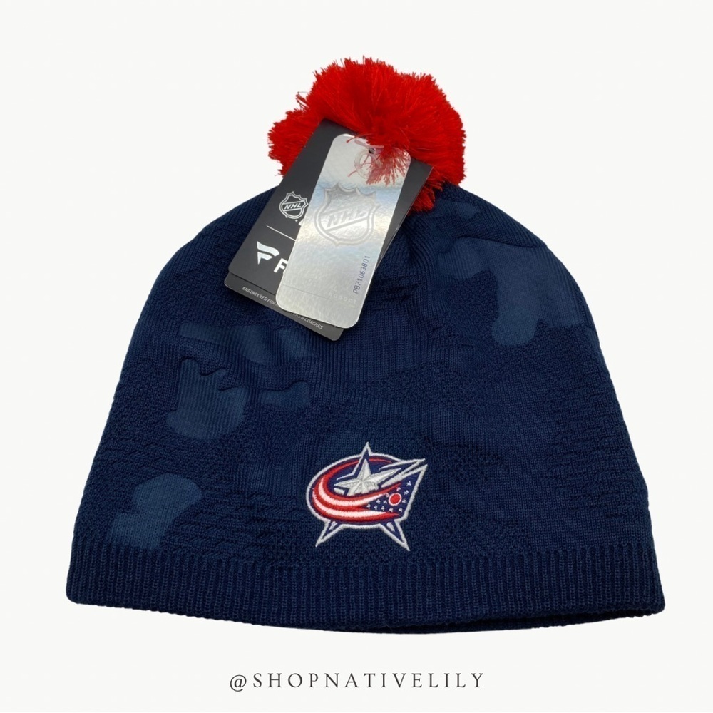 Fanatics NHL Columbus Blue Jackets Camo Beanie Pom Navy Red New